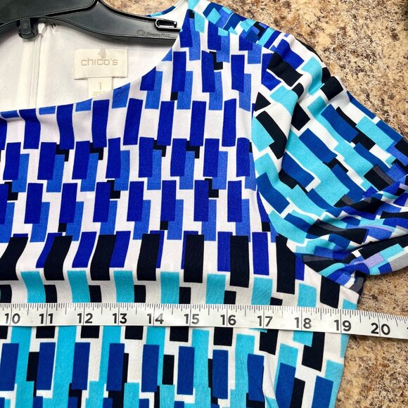 Chicos Geometric Print 3/4 Sleeves Ruching Detail Dress in Blue & Turquoise M - Picture 7 of 11
